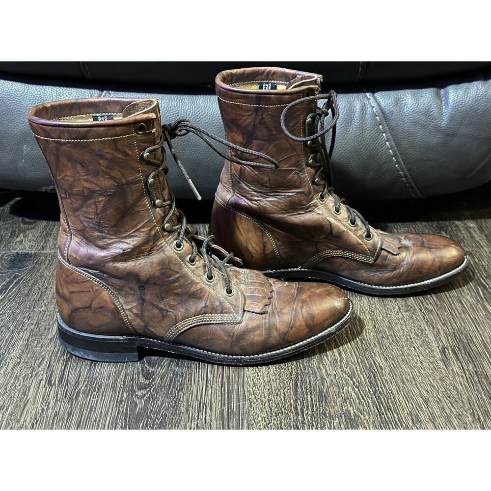 Justin Vtg Brown Marble Paddock Lace Up Roper Kiltie Leather Boots 8C